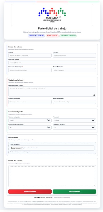 Parte digital de trabajo de APP MACELESA 360°: datos del cliente, trabajo solicitado, gestión del parte, fotografías y firma del cliente